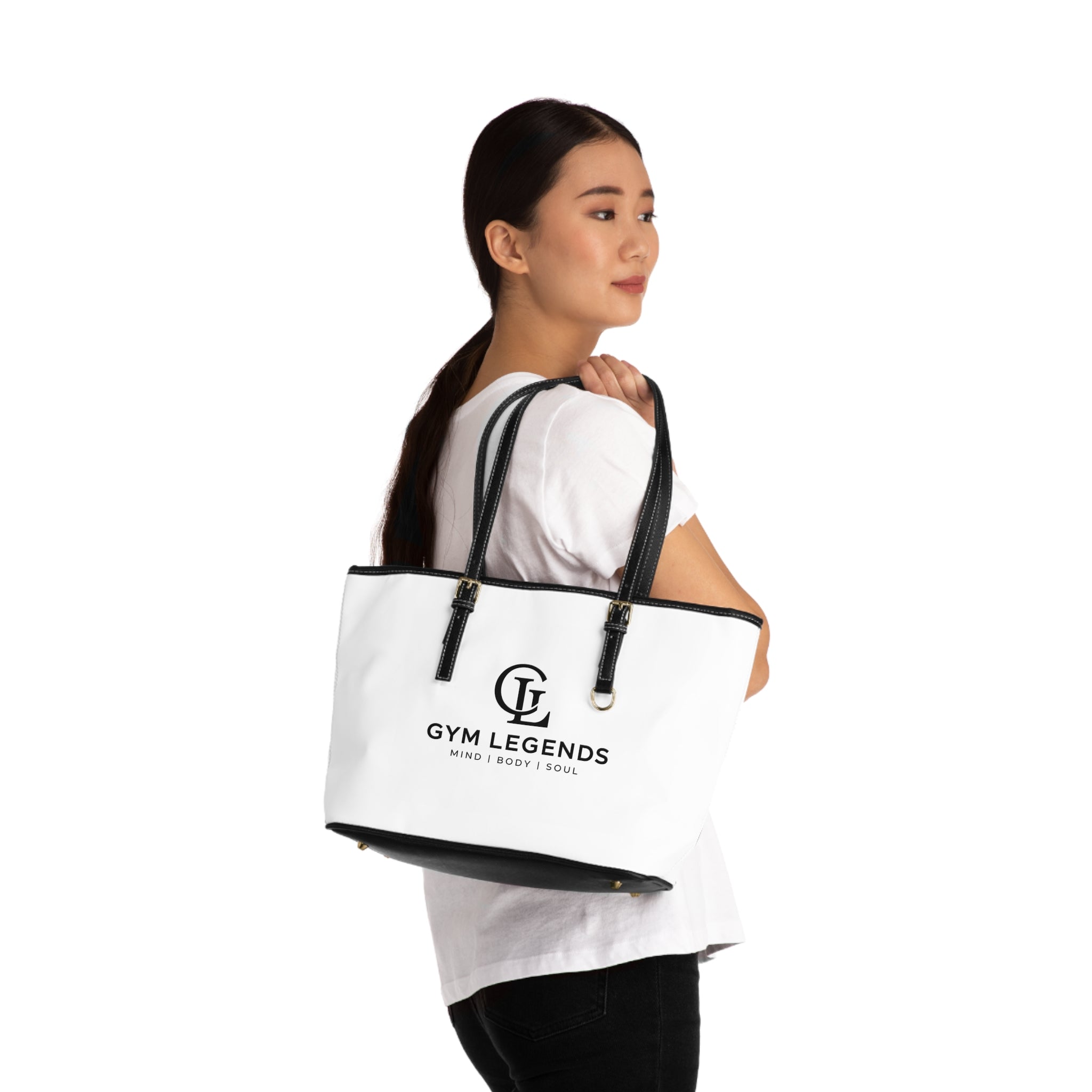 Gym Legends PU Leather Shoulder Bag — White Fitness Tote with Logo (Mind | Body | Soul)