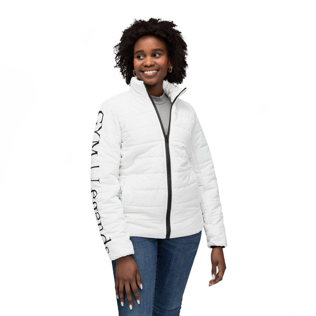 Women’s Puffer Jacket — Minimal White Quilted Coat with Sleeve Text Accent