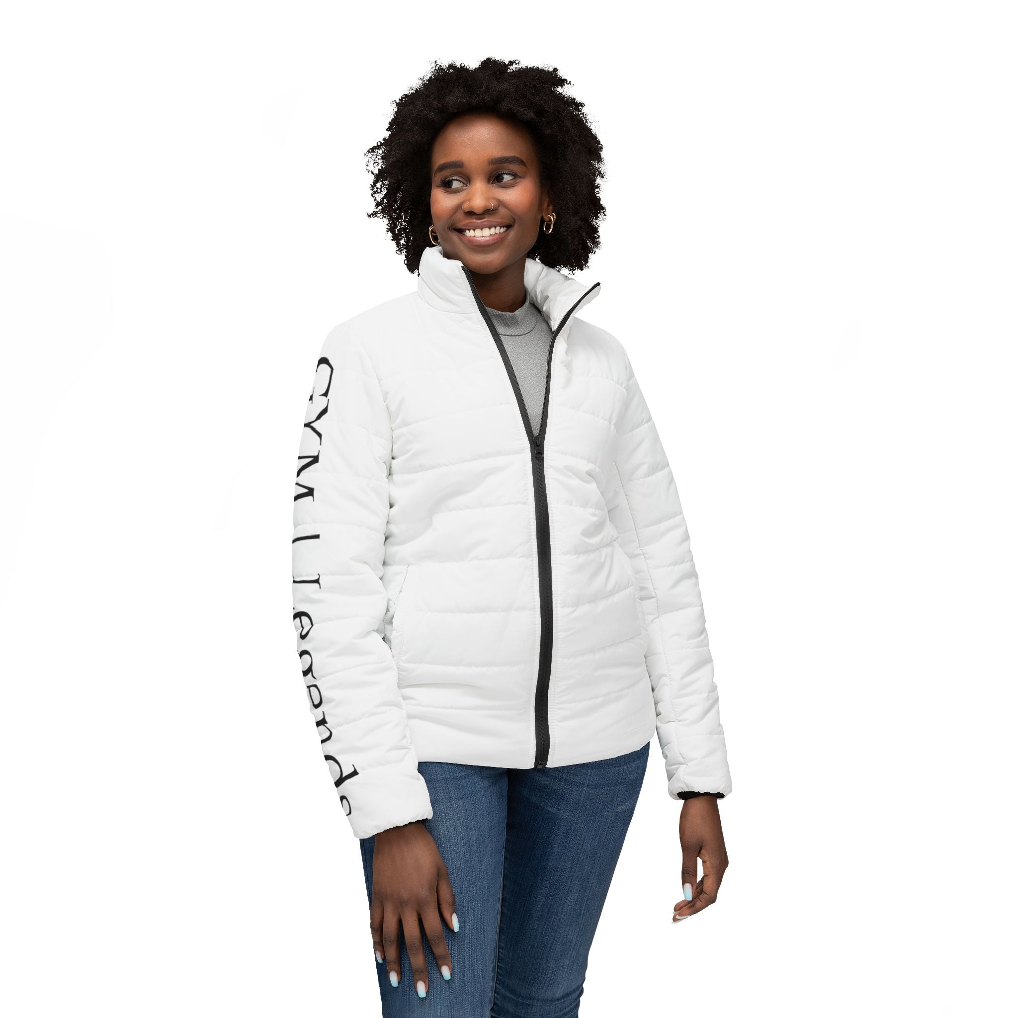 Women’s Puffer Jacket — Minimal White Quilted Coat with Sleeve Text Accent