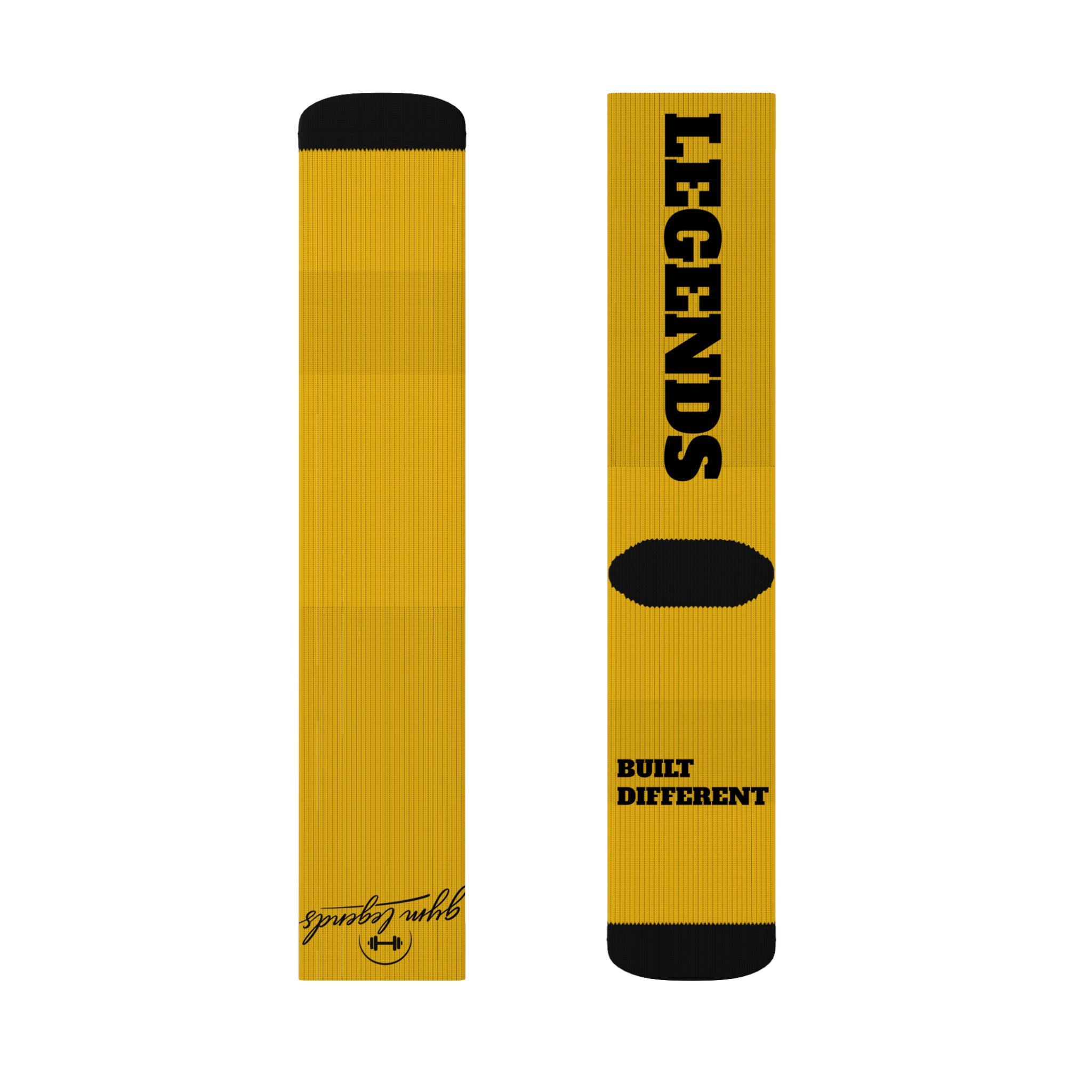 Gym Legends Sublimation Socks Yellow zone— 'GYM' & 'LEGENDS' Athletic Crew Socks