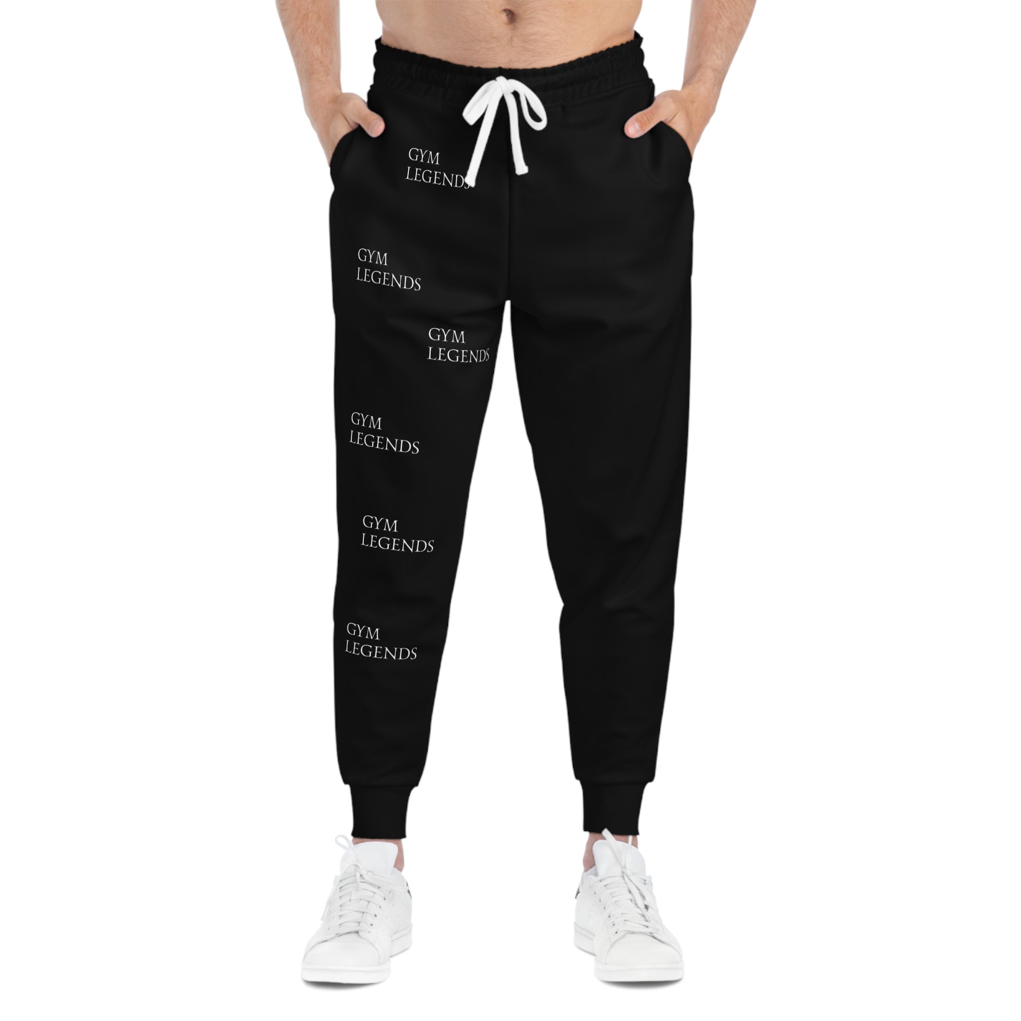 Gym Legends Athletic Joggers — Black Performance Sweatpants with Repeating Logo
