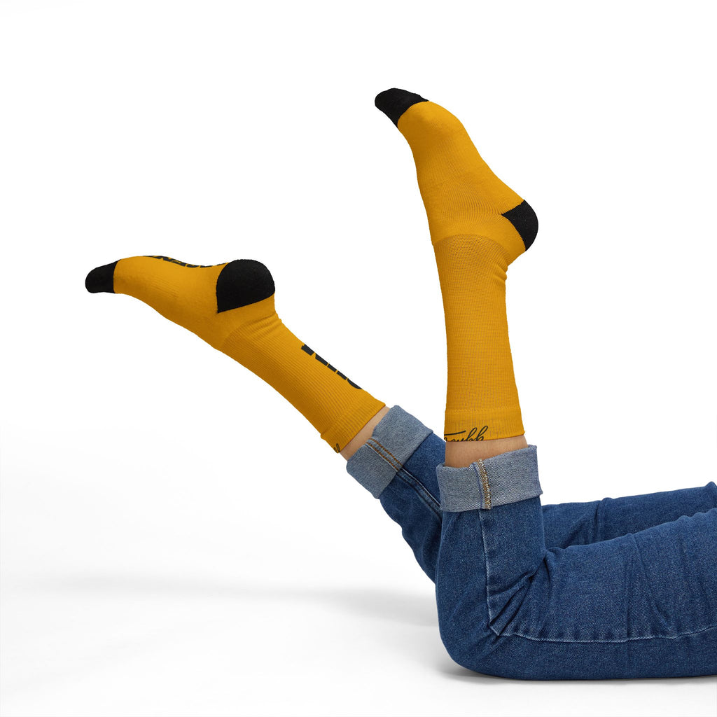 Gym Legends Sublimation Socks Yellow zone— 'GYM' & 'LEGENDS' Athletic Crew Socks
