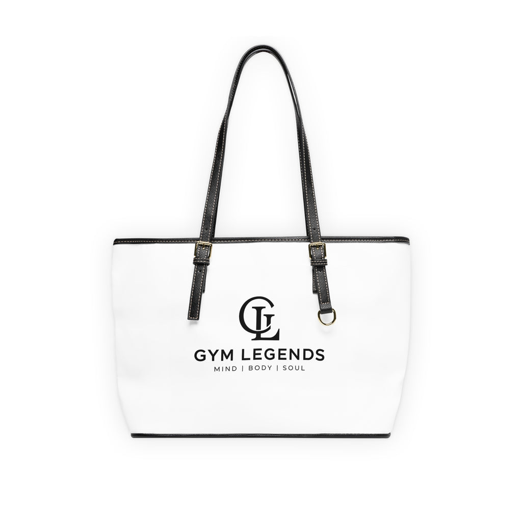 Gym Legends PU Leather Shoulder Bag — White Fitness Tote with Logo (Mind | Body | Soul)