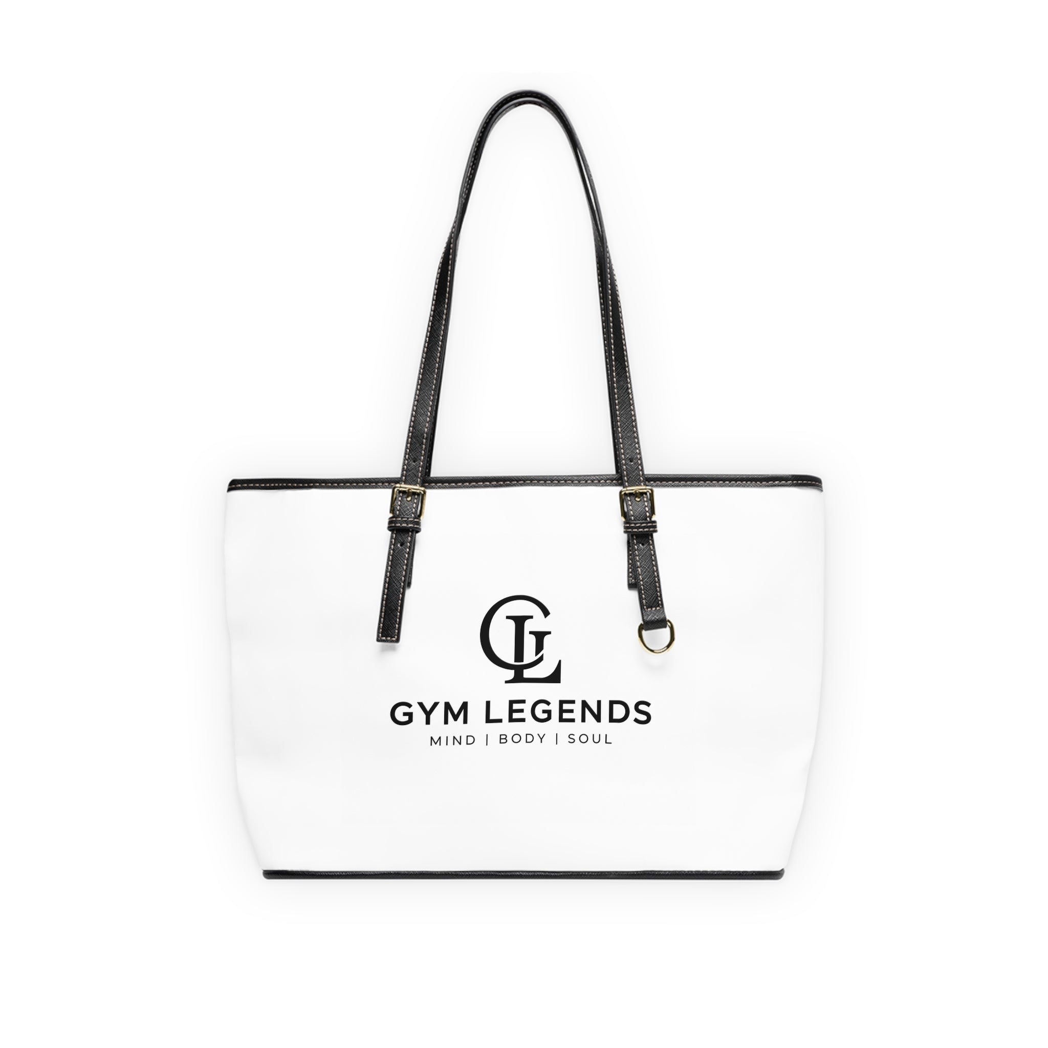Gym Legends PU Leather Shoulder Bag — White Fitness Tote with Logo (Mind | Body | Soul)