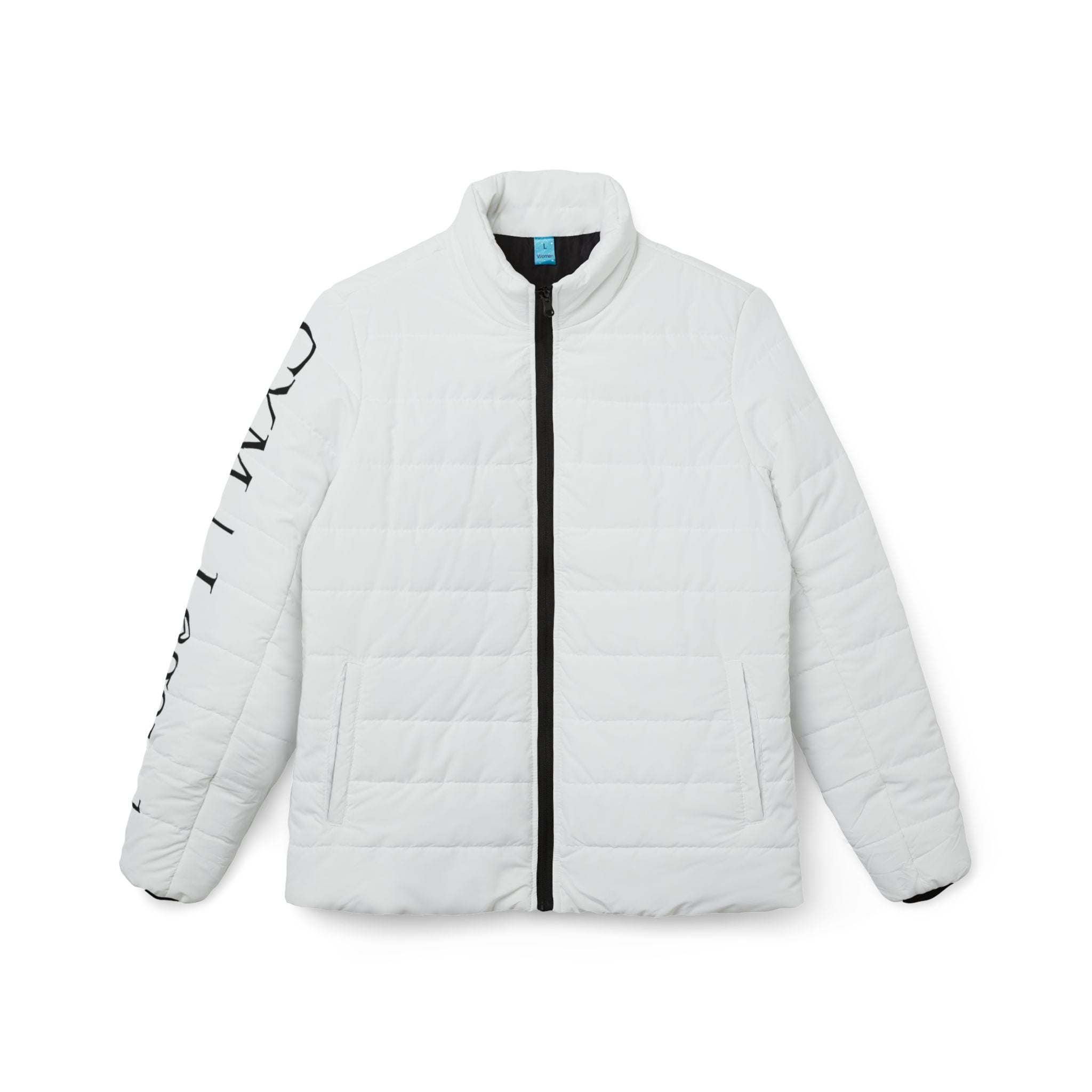 Women’s Puffer Jacket — Minimal White Quilted Coat with Sleeve Text Accent