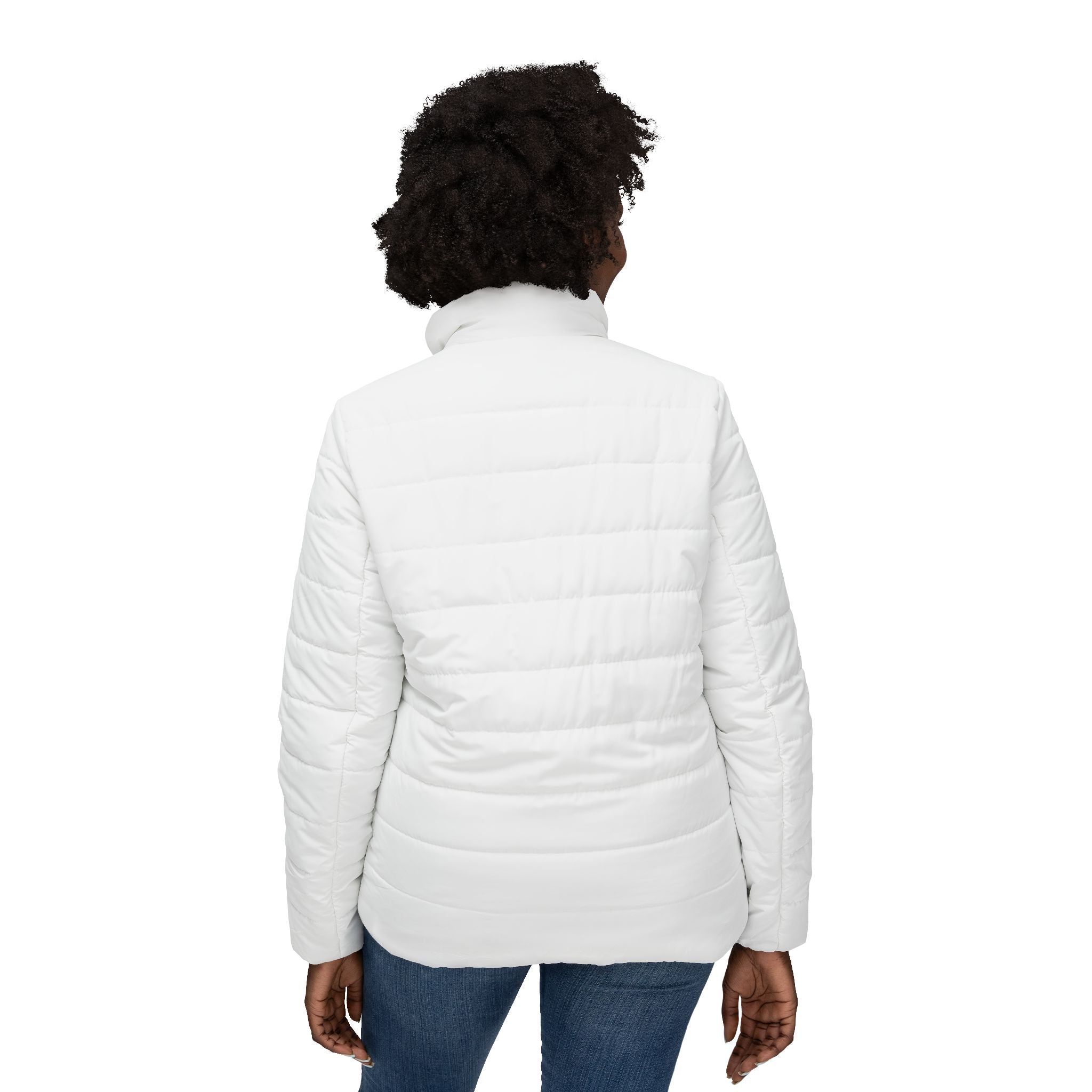 Women’s Puffer Jacket — Minimal White Quilted Coat with Sleeve Text Accent
