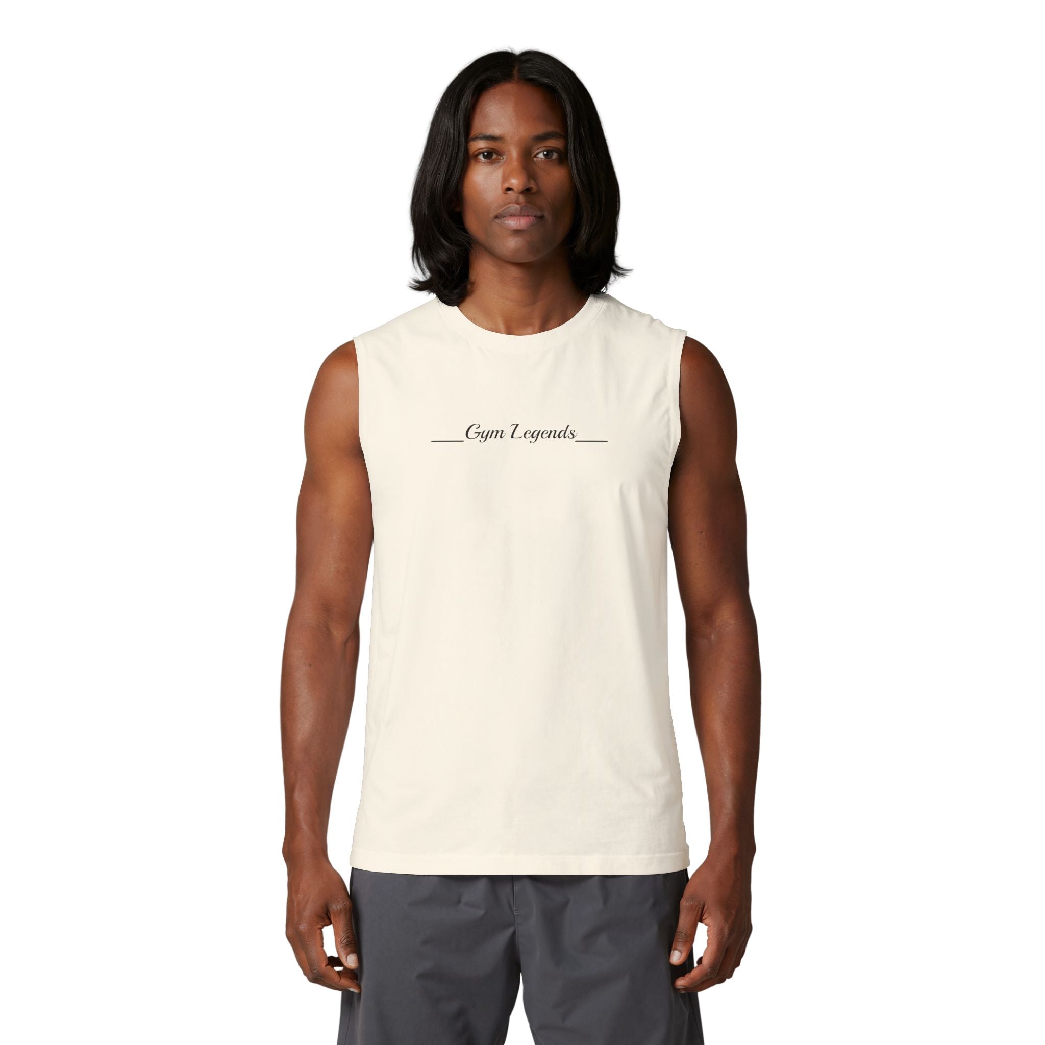 Gym Legends Muscle Tank — Minimal Athletic Sleeveless Shirt ("Gym Legends" Front, GL Back)
