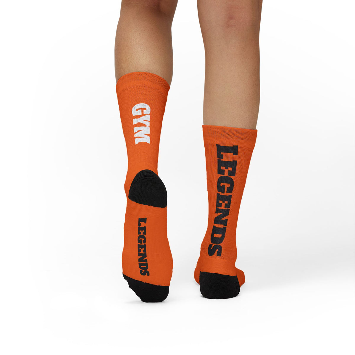 Gym Legends Sublimation Socks orange Tygy— 'GYM' & 'LEGENDS' Athletic Crew Socks