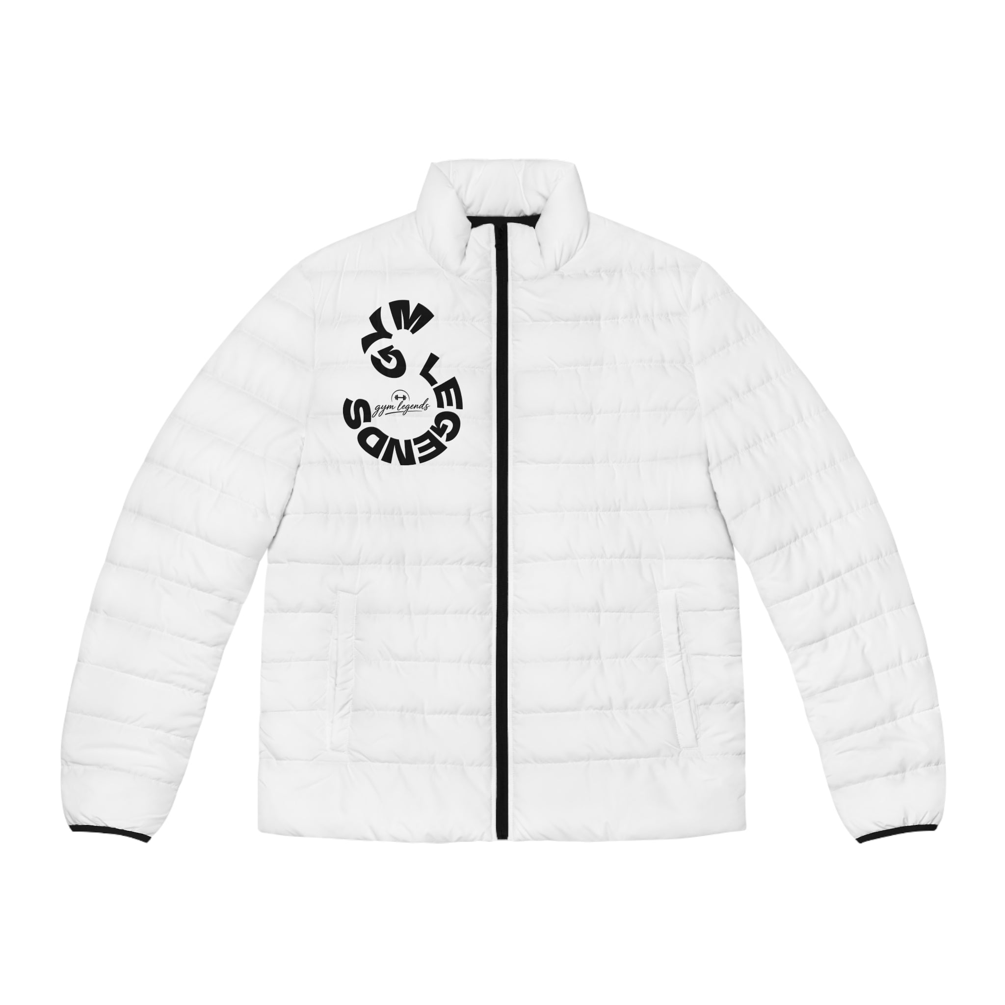 Gym Legends All-Over Print Puffer Jacket — White Quilted Lightweight Winter Coat