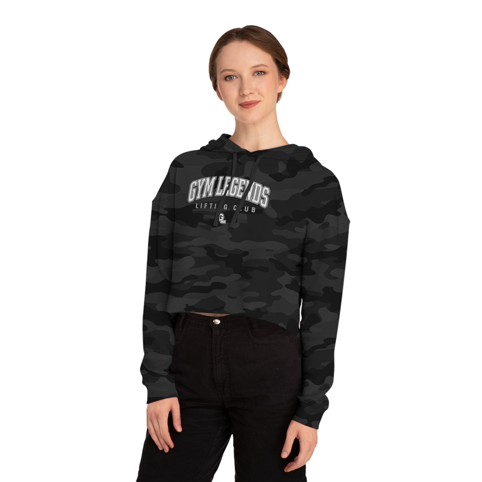 Gym Legends Cropped Hoodie — Women’s Camo Lifting Club Sweatshirt