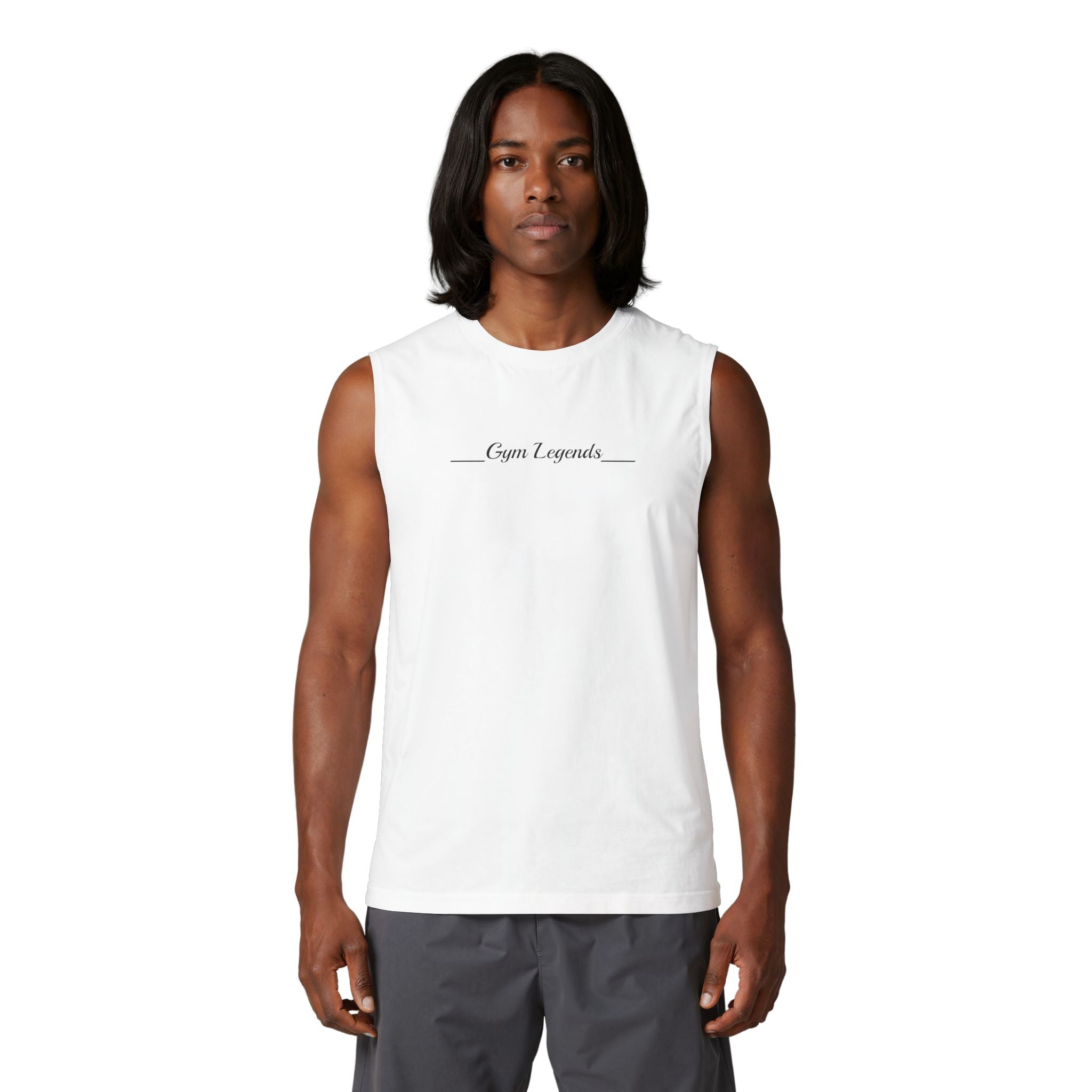 Gym Legends Muscle Tank — Minimal Athletic Sleeveless Shirt ("Gym Legends" Front, GL Back)