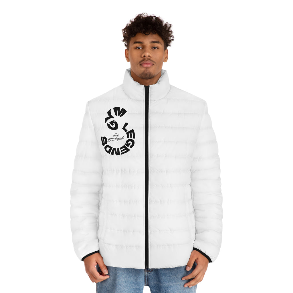 Gym Legends All-Over Print Puffer Jacket — White Quilted Lightweight Winter Coat