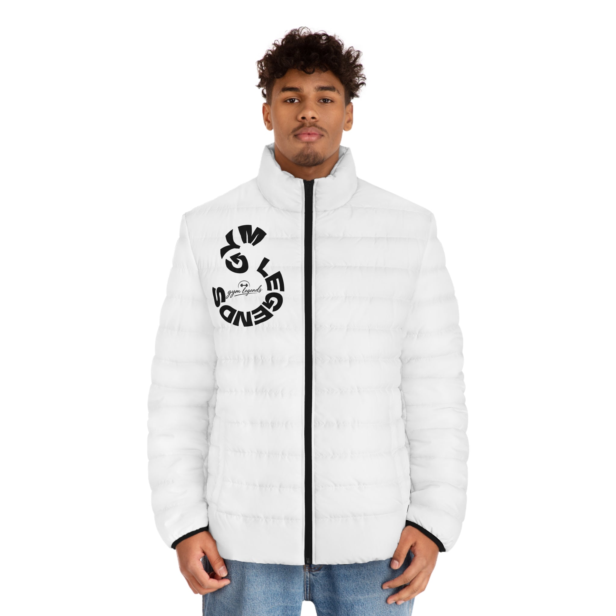 Gym Legends All-Over Print Puffer Jacket — White Quilted Lightweight Winter Coat