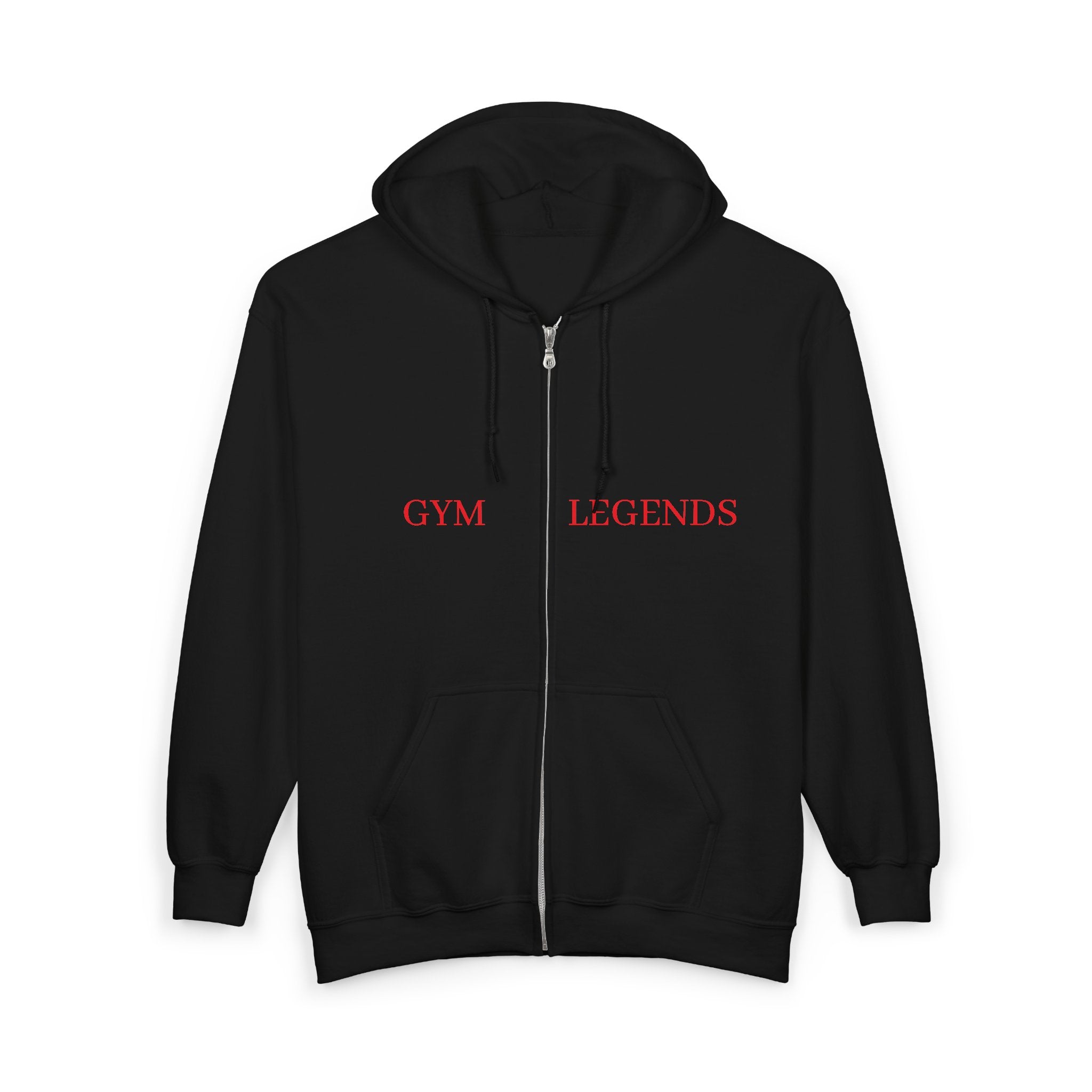 Gym Legends Full-Zip Hoodie — 'GYM' Red Logo Athletic Zip-Up for Trainers & Fitness Fans