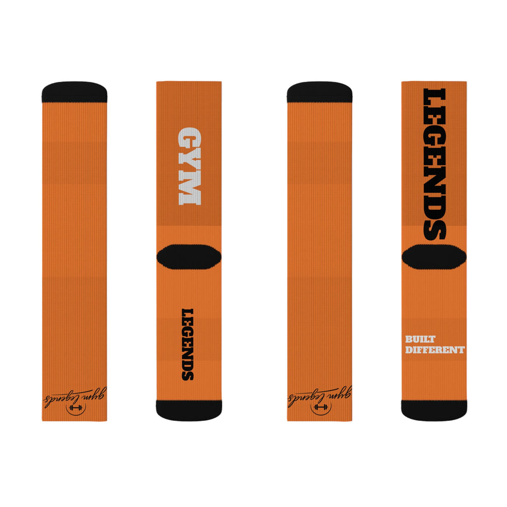 Gym Legends Sublimation Socks orange Tygy— 'GYM' & 'LEGENDS' Athletic Crew Socks