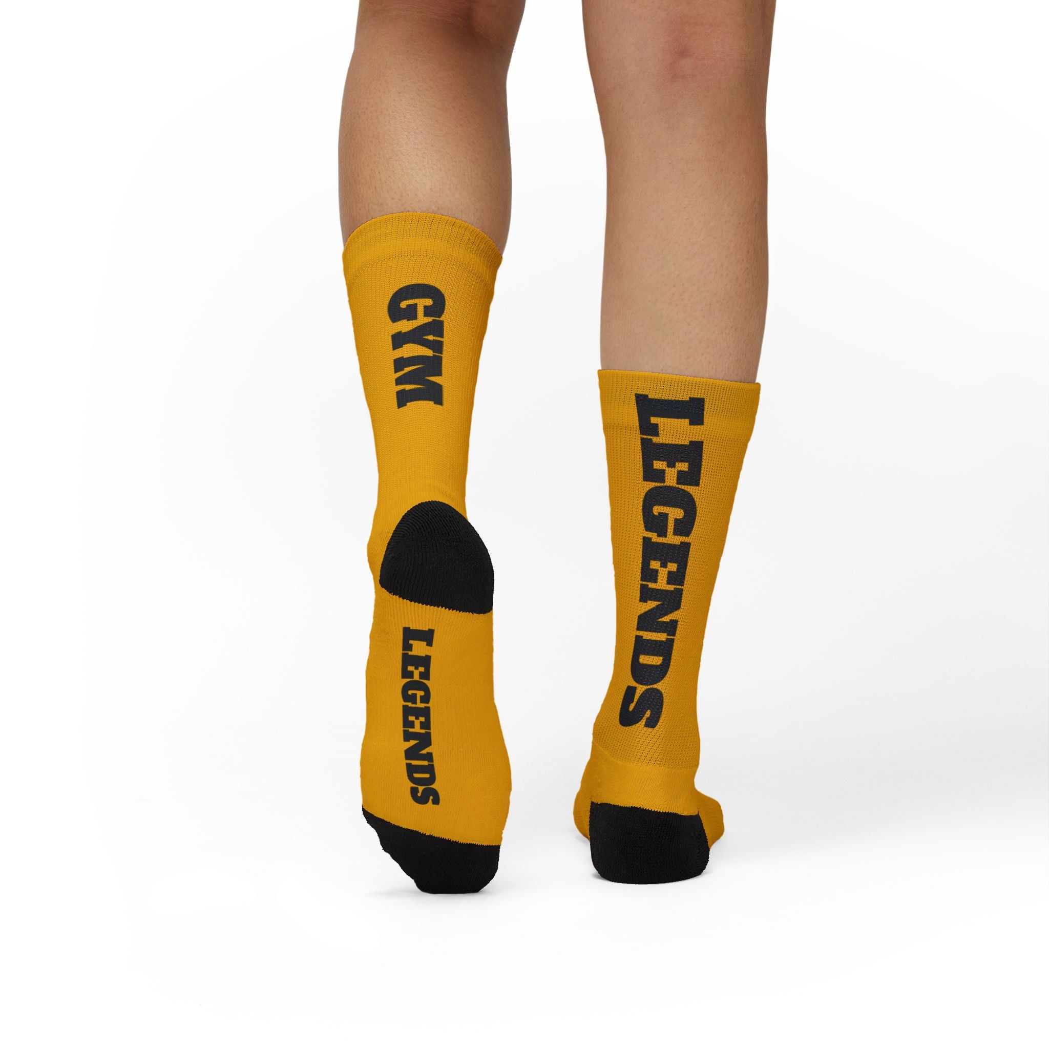 Gym Legends Sublimation Socks Yellow zone— 'GYM' & 'LEGENDS' Athletic Crew Socks