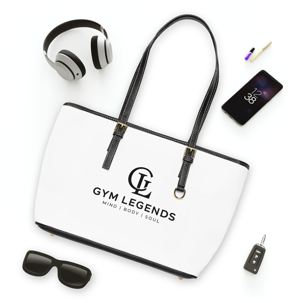 Gym Legends PU Leather Shoulder Bag — White Fitness Tote with Logo (Mind | Body | Soul)