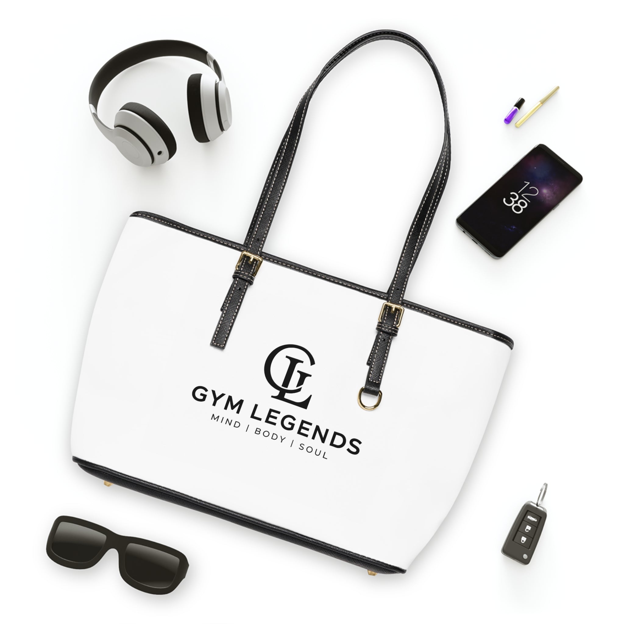 Gym Legends PU Leather Shoulder Bag — White Fitness Tote with Logo (Mind | Body | Soul)