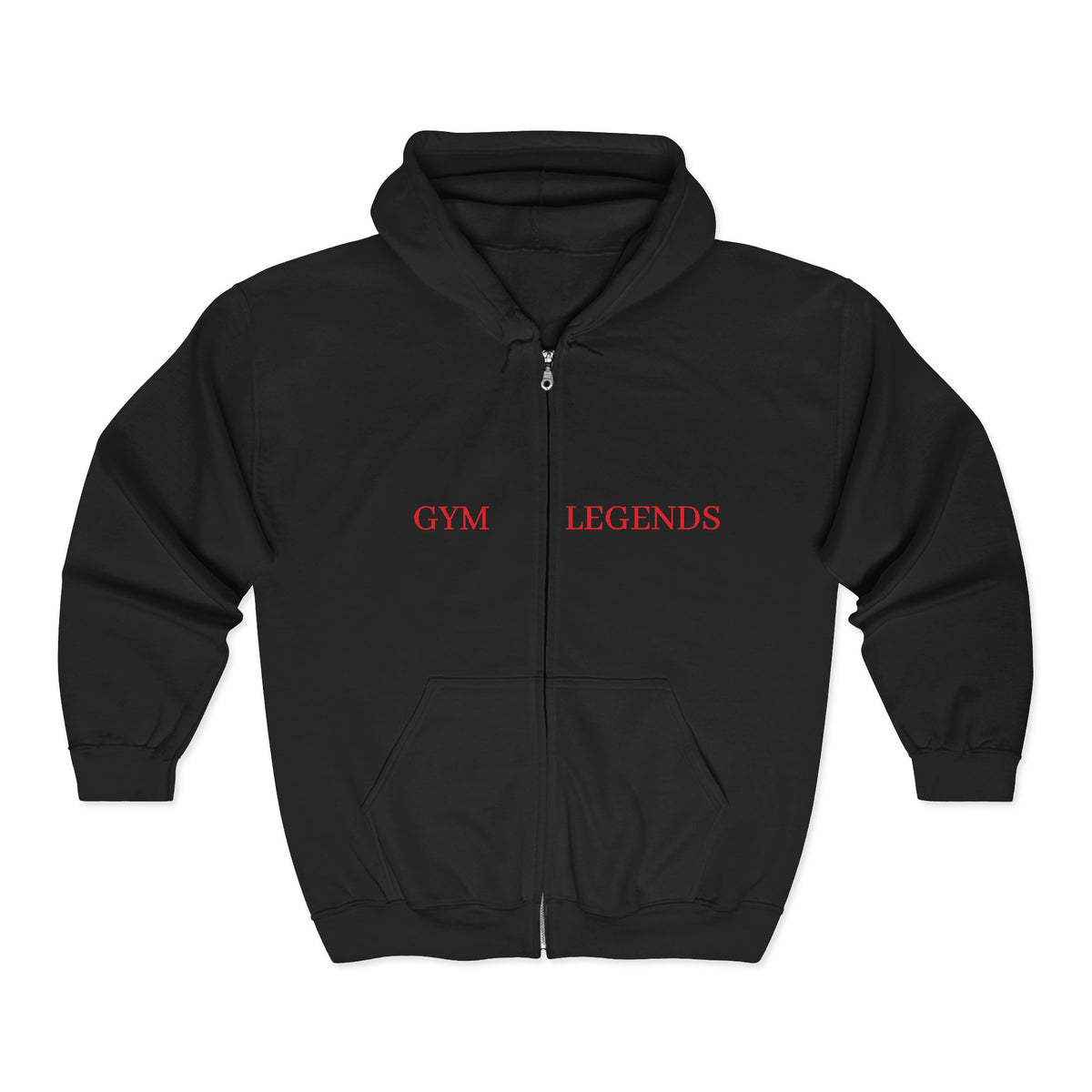 Gym Legends Full-Zip Hoodie — 'GYM' Red Logo Athletic Zip-Up for Trainers & Fitness Fans