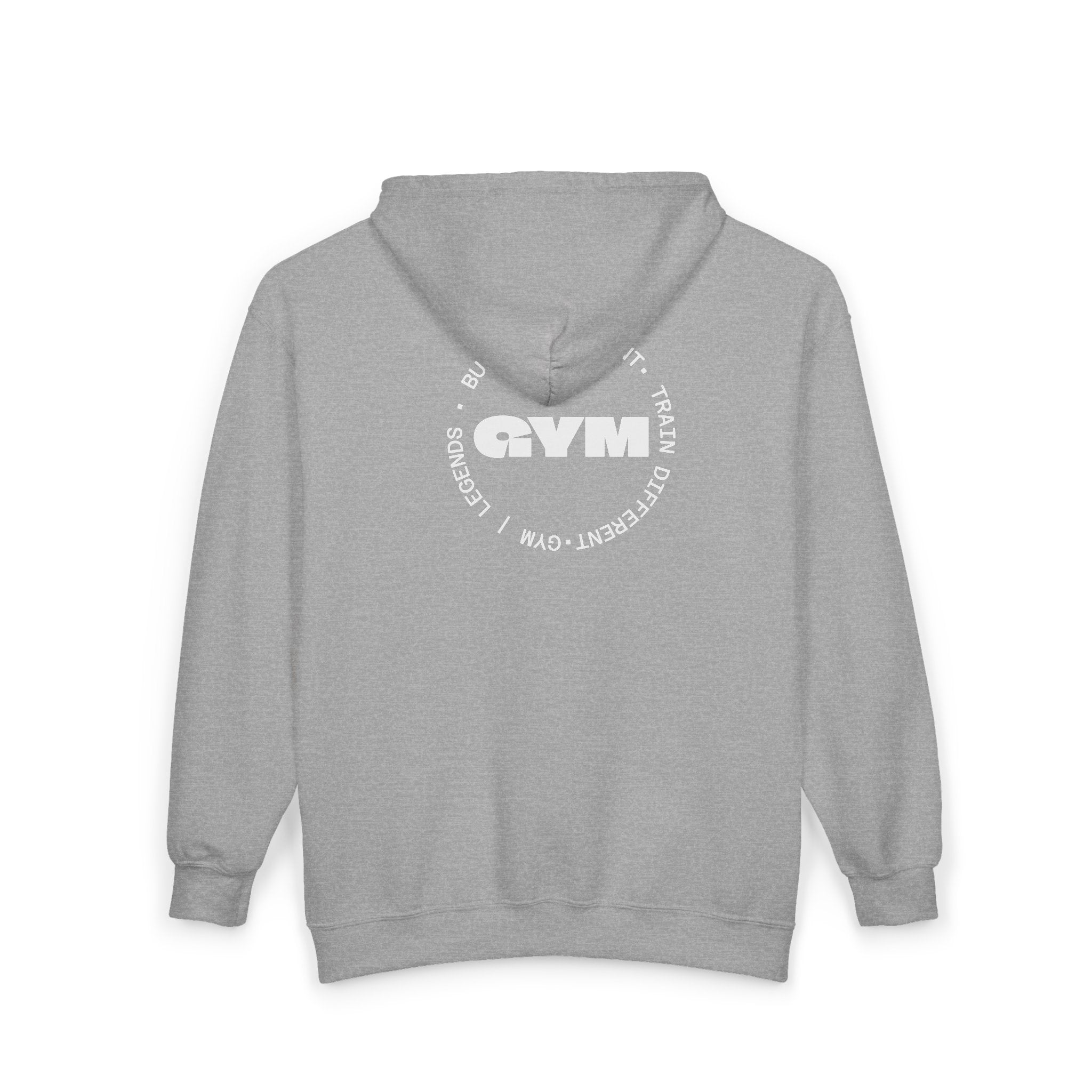 Gym Legends Full-Zip Hoodie — 'GYM' Red Logo Athletic Zip-Up for Trainers & Fitness Fans