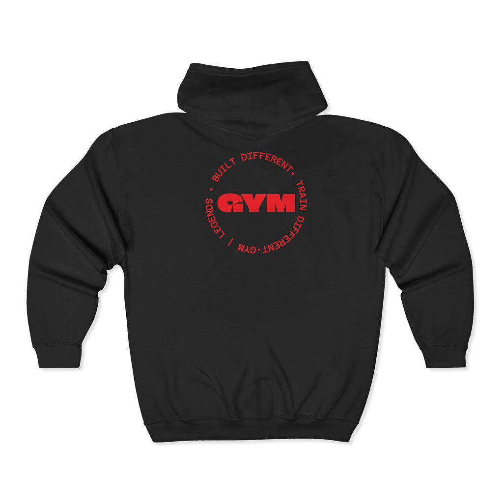 Gym Legends Full-Zip Hoodie — 'GYM' Red Logo Athletic Zip-Up for Trainers & Fitness Fans