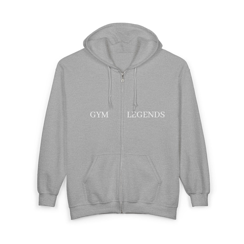 Gym Legends Full-Zip Hoodie — 'GYM' Red Logo Athletic Zip-Up for Trainers & Fitness Fans