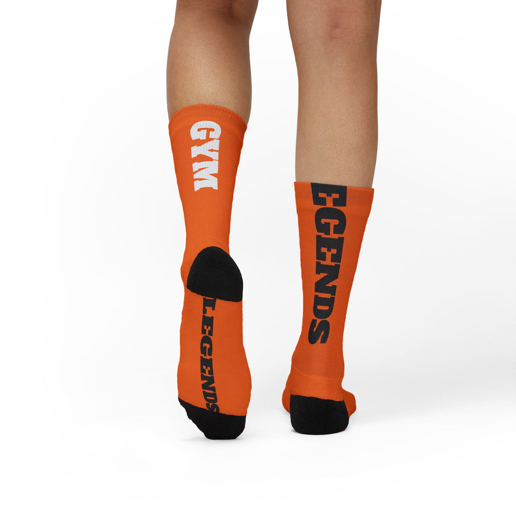 Gym Legends Sublimation Socks orange Tygy— 'GYM' & 'LEGENDS' Athletic Crew Socks