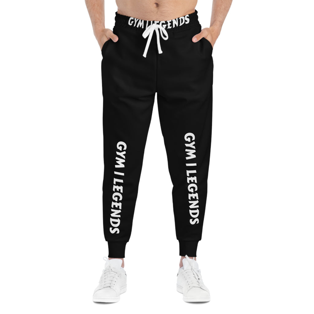 Gym Legends Athletic Joggers — Men's Black Workout Sweatpants with 'GYM LEGENDS' Leg & Waist Print