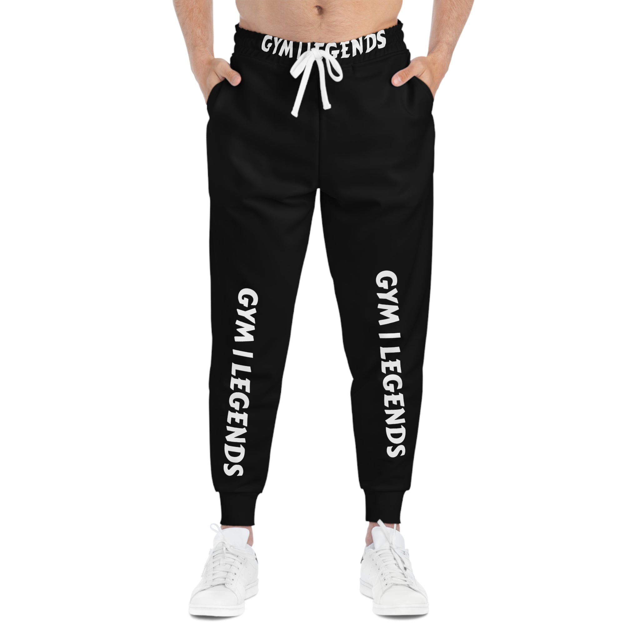 Gym Legends Athletic Joggers — Men's Black Workout Sweatpants with 'GYM LEGENDS' Leg & Waist Print