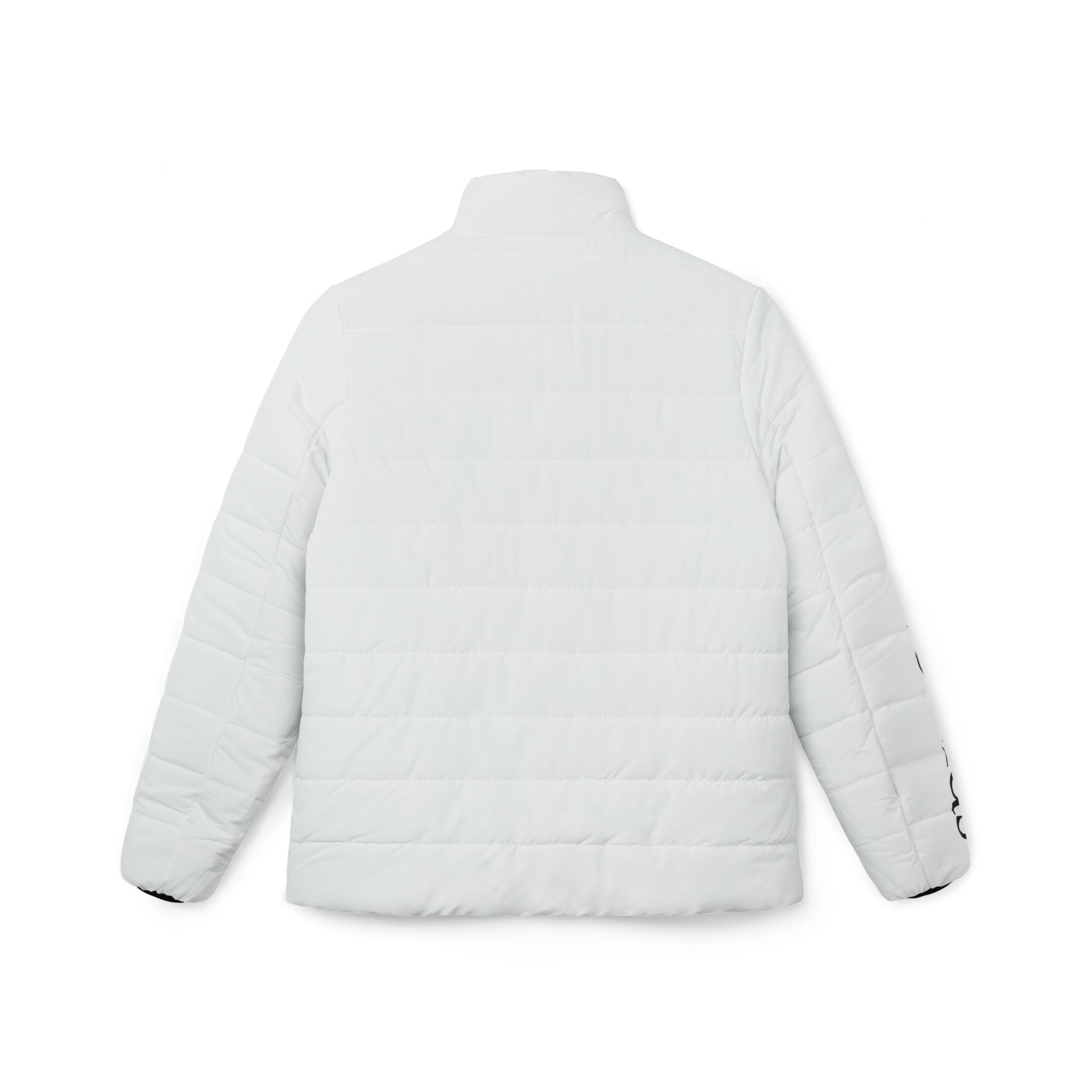 Women’s Puffer Jacket — Minimal White Quilted Coat with Sleeve Text Accent