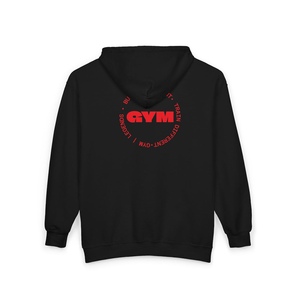 Gym Legends Full-Zip Hoodie — 'GYM' Red Logo Athletic Zip-Up for Trainers & Fitness Fans