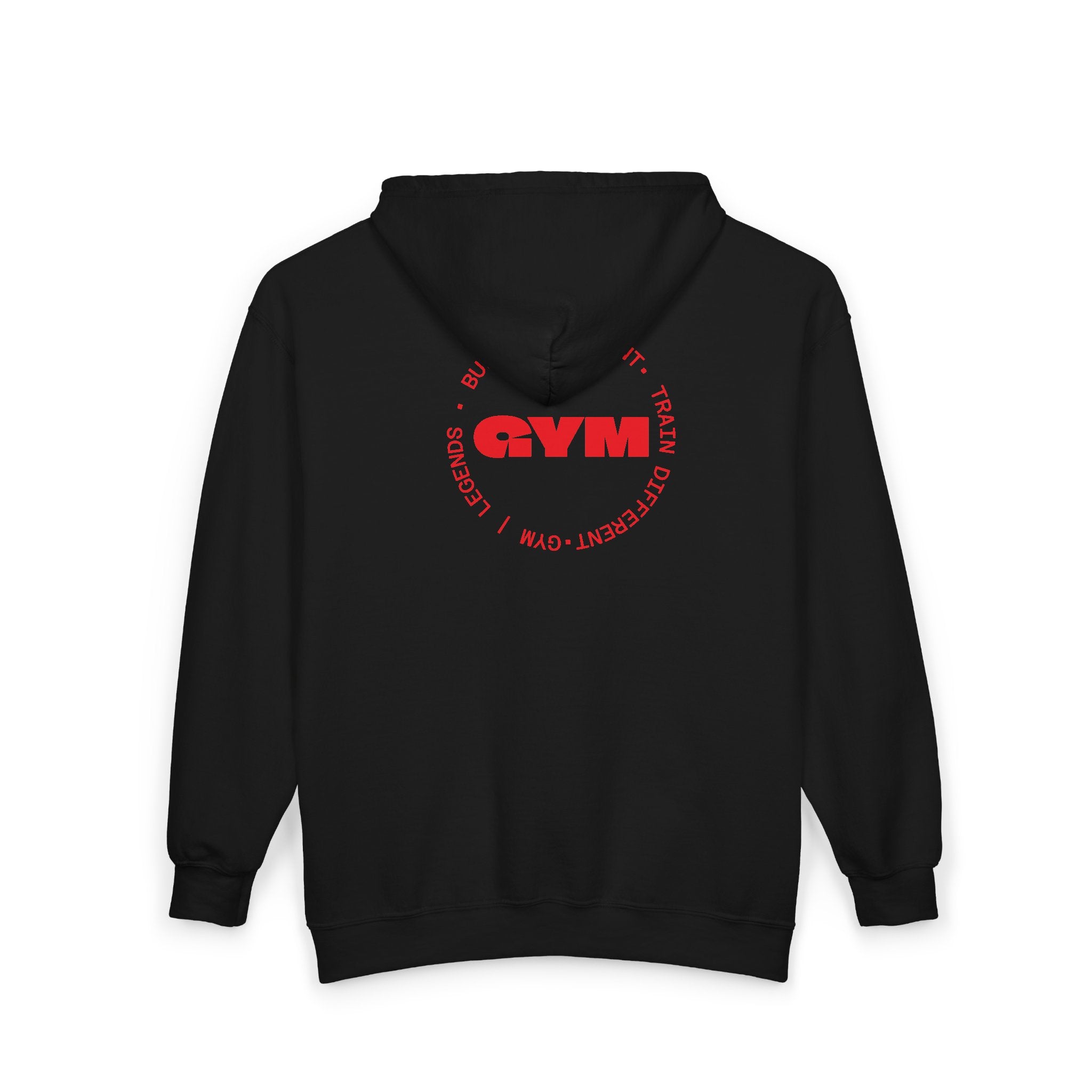 Gym Legends Full-Zip Hoodie — 'GYM' Red Logo Athletic Zip-Up for Trainers & Fitness Fans
